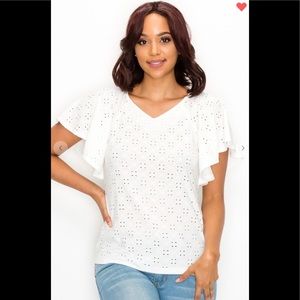 Wide Ruffle sleeve eyelet top